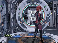 In stranded in space 95, the cute asian scientist milf with big boobs holds hands in her outfit during this 3d hentai adventure