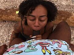 taking the condom off during morning hike with ebony big ass.