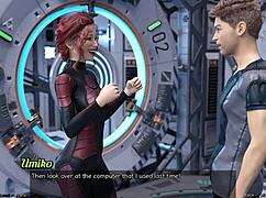 In stranded in space 95, the cute asian scientist milf with big boobs holds hands in her outfit during this 3d hentai adventure