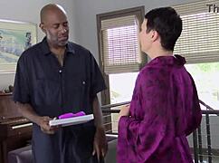 i'm teasin' my small tits with a big black cock, but it's a monster, interracial fun.