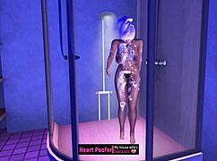 Cartoon character bathing in the shower during a casual scene.