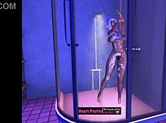 Cartoon character bathing in the shower during a casual scene.