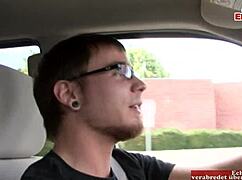 Skinny blonde teen with small natural tits and pierced nipples gets picked up on the street for naughty fun.