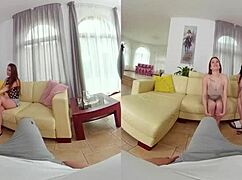 Brunette slut bent over for doggystyle blowjob in hardcore foursome with three hot girls