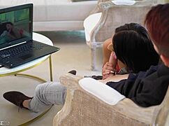 Brunette Sarah rides cock in reverse cowgirl after catching him jerking off.