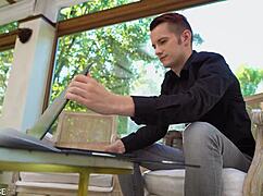 Brunette Sarah rides cock in reverse cowgirl after catching him jerking off.