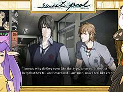 Detailed uncensored pool yaoi game scene with muscular Japanese bodybuilders.