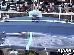 French lesbian milfs and teen 18+s get wild on public beach