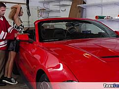 Petite teen gets tight pussy pounded in the garage