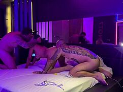 Couple swap in motel with huge blowbang, deepthroat, and muff diving action