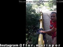 Outdoor public exhibitionism with total nudity, horny girl shows natural tits, big ass, and wet pussy in the street for strangers 😏