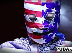 sexy blonde wrestler engages in double toy masturbation on her big tits and ass