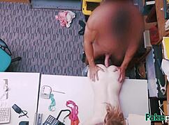 Doll-Like Teen on Table with Shop Manager