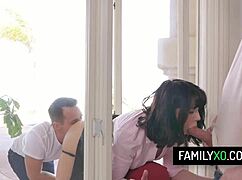 Stepfamily threesome explodes with taboo blowjobs and rough sex