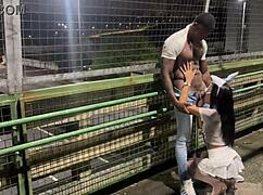 Coelhinha crossdresser bangs on street catwalk and car in rain