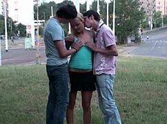 Ever seen a blonde teen banged in a public street orgy with huge guys?