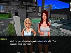 in my new family, the brunette milf gives a handjob to the redhead amateur while playing a game with monster cocks