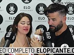 Sara blonde plays with the cream from elo podcast and swallows it all.