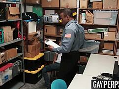 Tattooed Ebony Thief Barebacked Hard by Security Guard