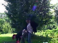 Young redhead gets intense anal fuck outdoors in public