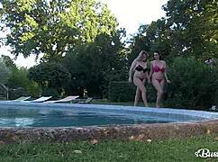 busty lesbians lily madison and luna amor sucking tits in skimpy bikinis outdoors