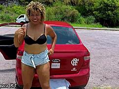 Fat whore touches herself outdoors during trip