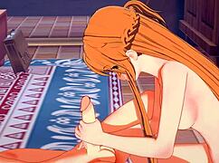 hey, sao sword art online hentai where asuna gives kirito a wild blowjob and creampie in anime costumes 😏
