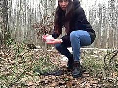 Pee on her panties in the woods while nobody sees