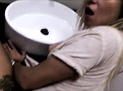 Quick bathroom fuck with blowjob and cumshot! She sucks and fucks hard before cum on tits.