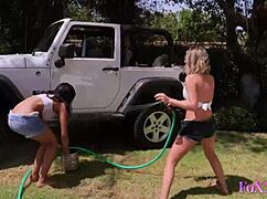 Jenna and Shy, let's finger those pussies in the jeep!