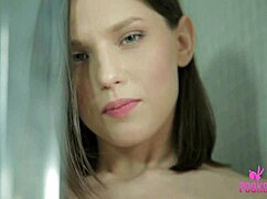 this gorgeous 19yo named andy is fingering her trimmed pussy and fucking a vibrator in the shower, posing with her big ass