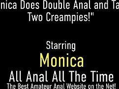 i'm monica, brunette cutie, takin' two hard cocks in my gapin' ass at once