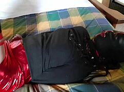 Hogtied on bed in sexy clothes, blindfolded, sucked fat cock, rough fucked