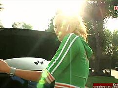 Petite blonde teen with tiny boobs screams in delight enjoying big black cock!