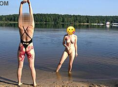 yo, naked girl skinny dipping at public beach, boobs bouncing! 🏖️