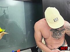 Muscular bodybuilder gets wild with friends in homemade fetish play. Handjobs and more unfold.