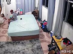 In this homemade webcam session, a woman with big tits engages in hardcore action with a guy sporting a monster cock.