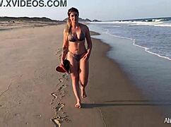 blonde girl bent over on the beach, gaping ass in doggystyle sex with her fan, what do you think?