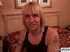 Cute blonde gay guy gets naked for hardcore blowjob action.