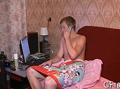 boy sits and stares while his teen girlfriend fucks passionately with small tits