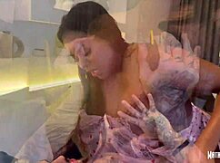 Brunette babe begs for cum at my door, I fuck her doggy until she cums