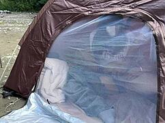 uh, pretty asian with big tits, outdoor sex in tent, so sneaky