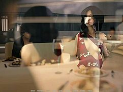 Footjob in a restaurant with sexy 3D cartoon outfit—damn, so hot! 😘