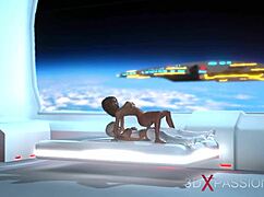 In the space station, the dickgirl android fucks the hot woman in cowgirl position