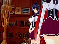 In the devil academy, a student indulges in a blowjob parody with anime hentai characters