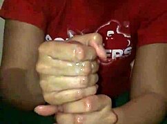 Big cock strokes out a huge load of cum in casual handjob session.