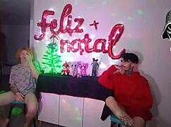 the christmas lady dominates her cuckold with two hung studs in wild cosplay.