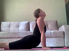 early morning yoga turns into blonde babe pleasuring her shaved pussy with toys.