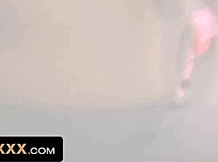 Brunette in uniform gets cum on tits.