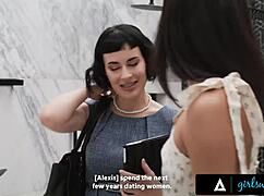 Girlsway - Busty Olive Glass and petite Alexis Tae take turns banging with strap-on dildos.